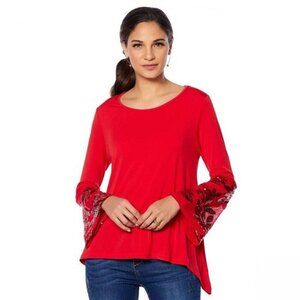 LaBellum by Hillary‎ Scott Flowy Blouse Women Size 1X Scarlet Red Sequin Sleeves